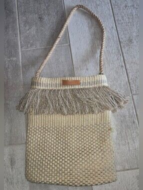 Fringed Woven Shoulder Bag in Beige-Cream